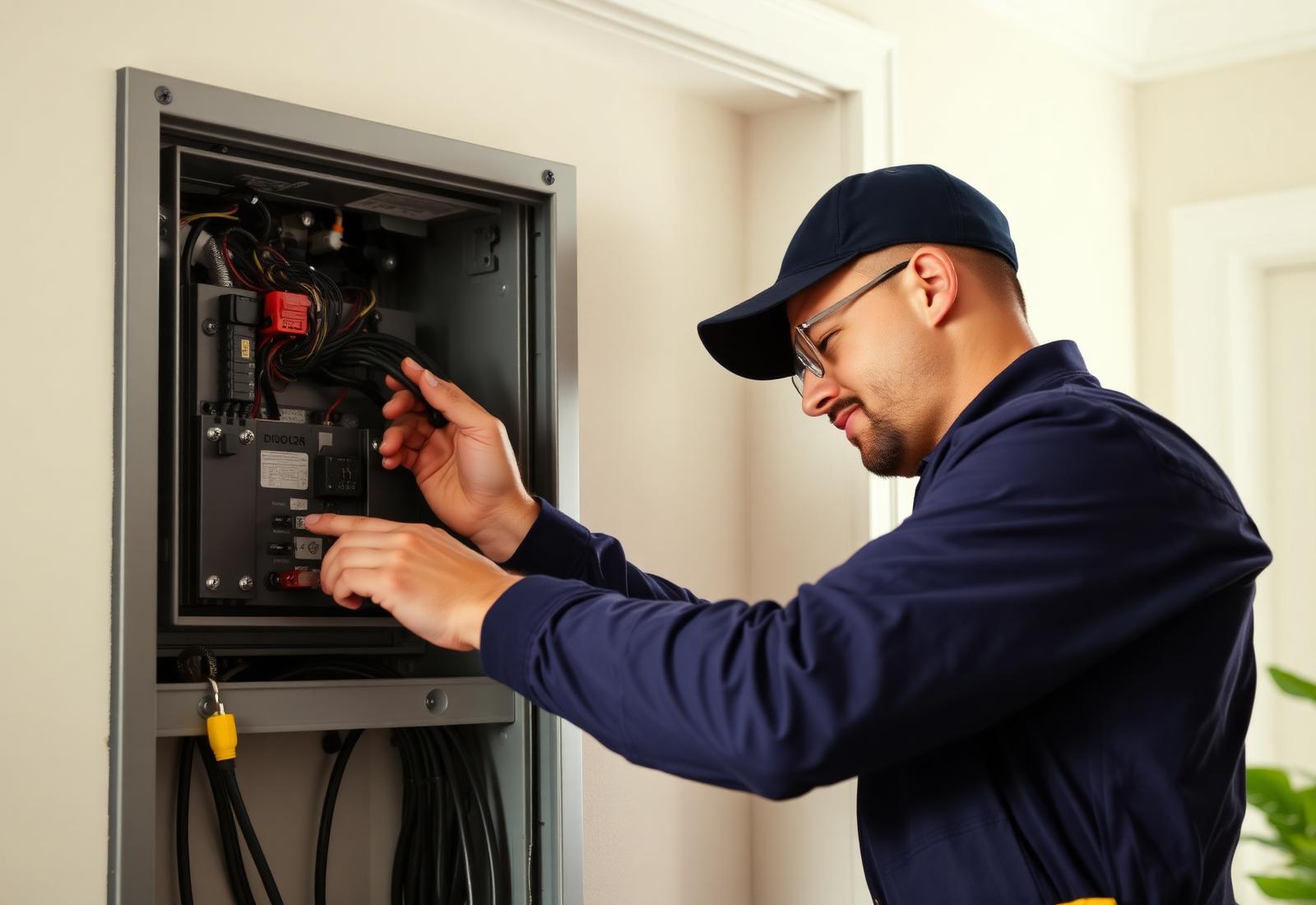 Electrician working on a residential electrical panel inside a home